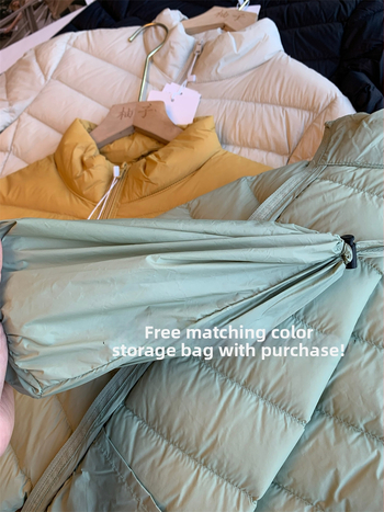 Jachetă subțire din nylon cu puf de rață alb, 85-90% conținut, guler înalt, fermoar