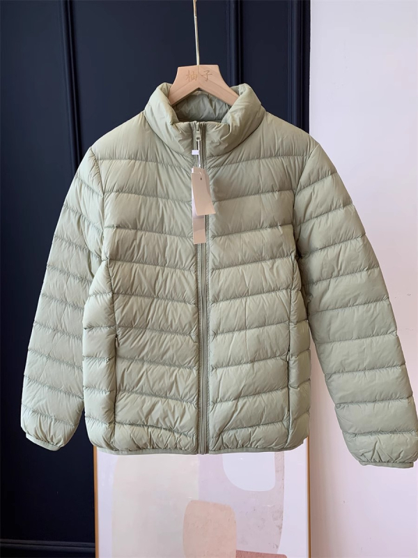 Jachetă subțire din nylon cu puf de rață alb, 85-90% conținut, guler înalt, fermoar