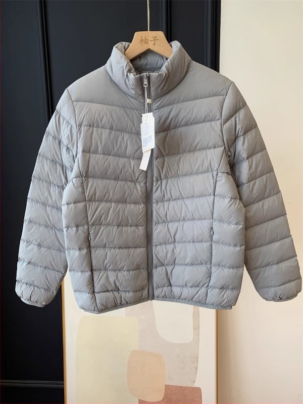 Jachetă subțire din nylon cu puf de rață alb, 85-90% conținut, guler înalt, fermoar