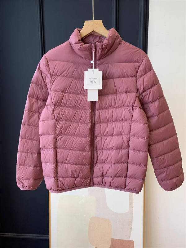 Jachetă subțire din nylon cu puf de rață alb, 85-90% conținut, guler înalt, fermoar