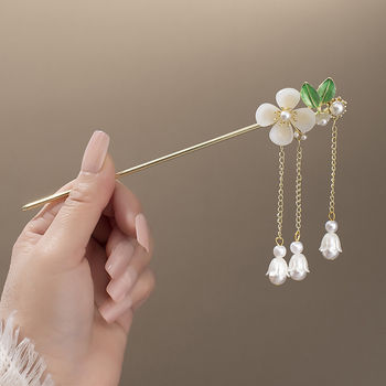 Clamă de păr din aliaj cu floare magnolie și ciucuri, stil nou chinezesc, finisaj electroplatat, personalizare disponibilă