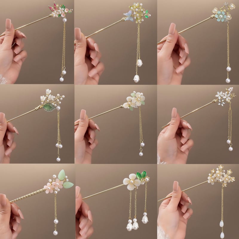 Clamă de păr din aliaj cu floare magnolie și ciucuri, stil nou chinezesc, finisaj electroplatat, personalizare disponibilă