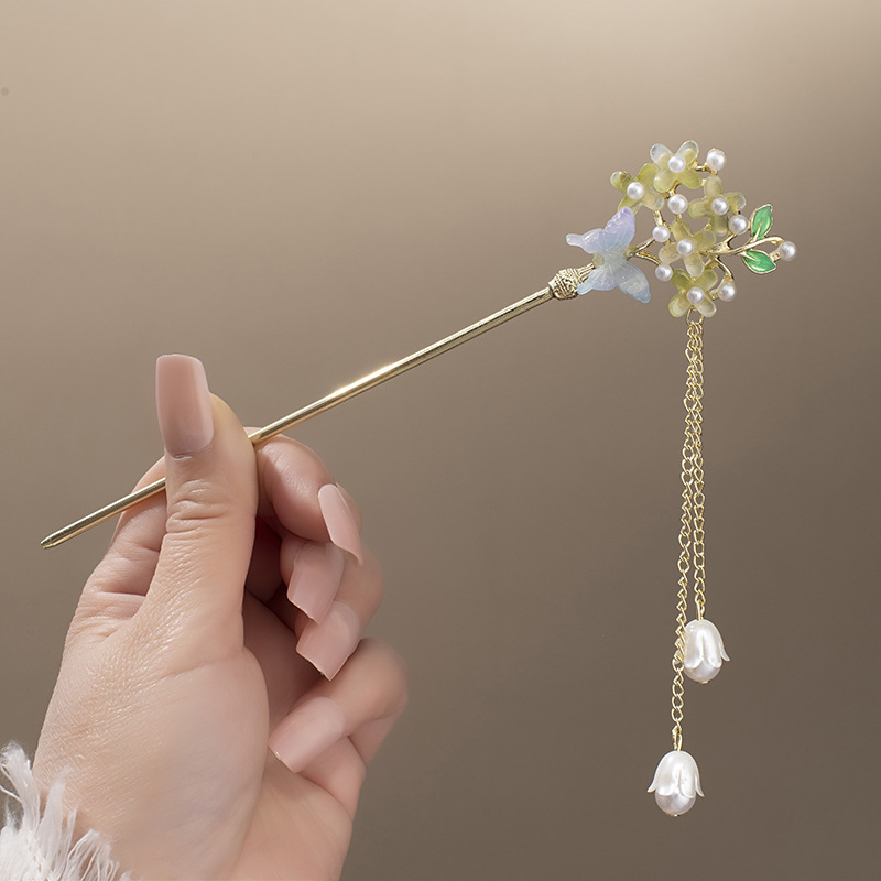 Clamă de păr din aliaj cu floare magnolie și ciucuri, stil nou chinezesc, finisaj electroplatat, personalizare disponibilă