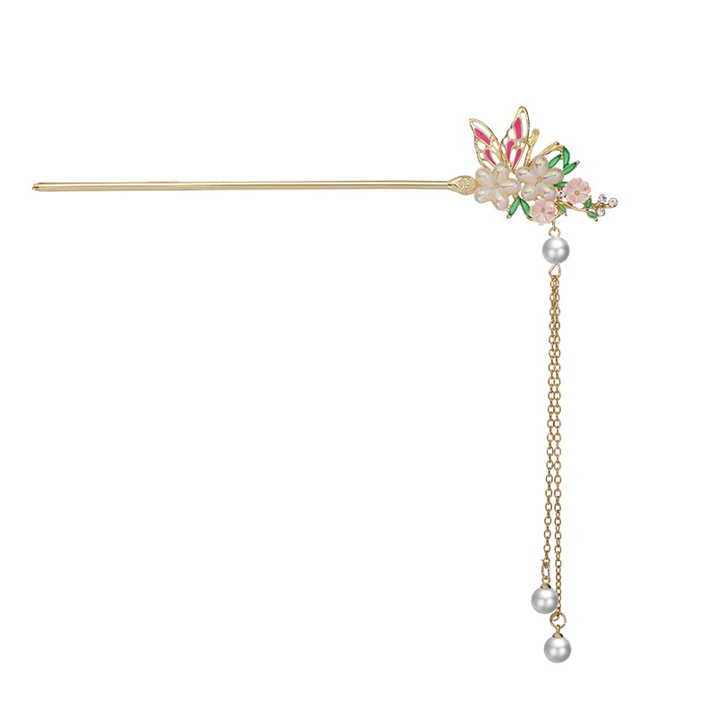 Clamă de păr din aliaj cu floare magnolie și ciucuri, stil nou chinezesc, finisaj electroplatat, personalizare disponibilă