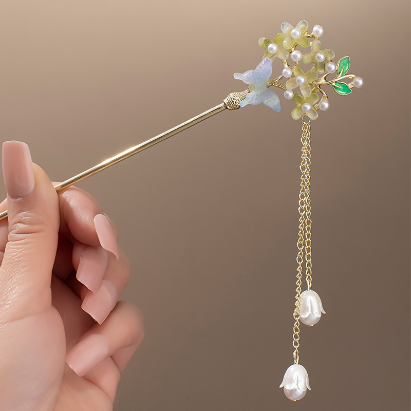 Clamă de păr din aliaj cu floare magnolie și ciucuri, stil nou chinezesc, finisaj electroplatat, personalizare disponibilă