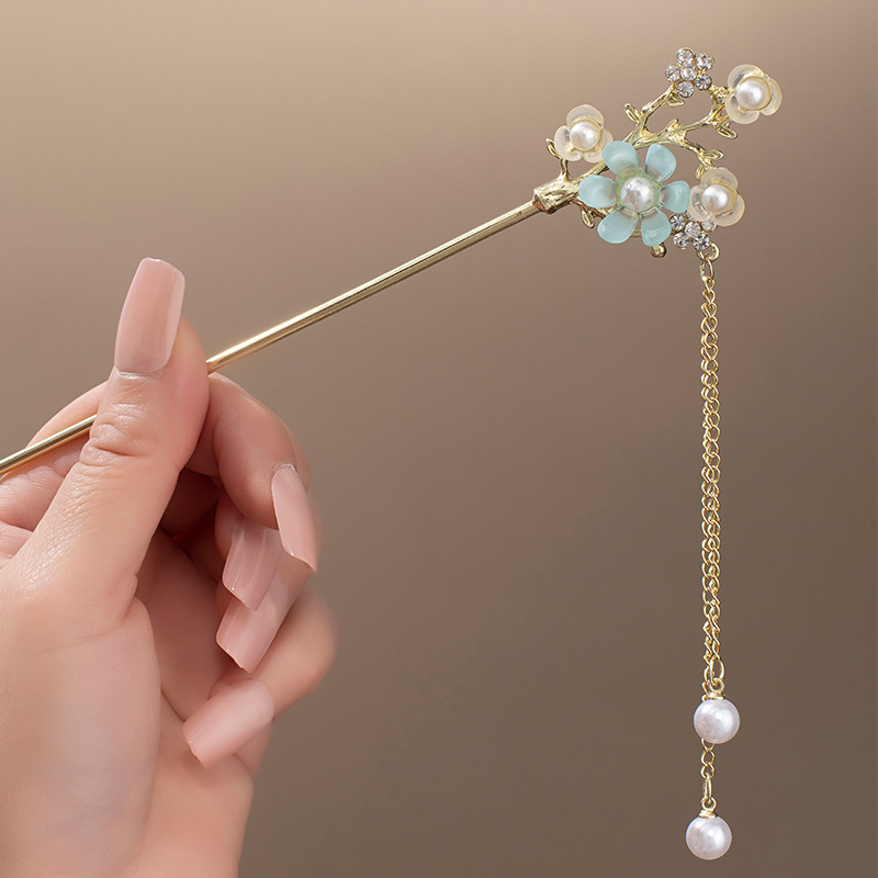 Clamă de păr din aliaj cu floare magnolie și ciucuri, stil nou chinezesc, finisaj electroplatat, personalizare disponibilă