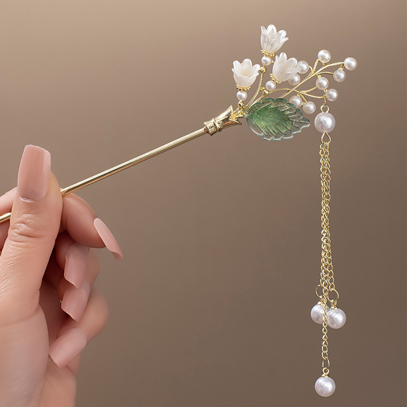 Clamă de păr din aliaj cu floare magnolie și ciucuri, stil nou chinezesc, finisaj electroplatat, personalizare disponibilă