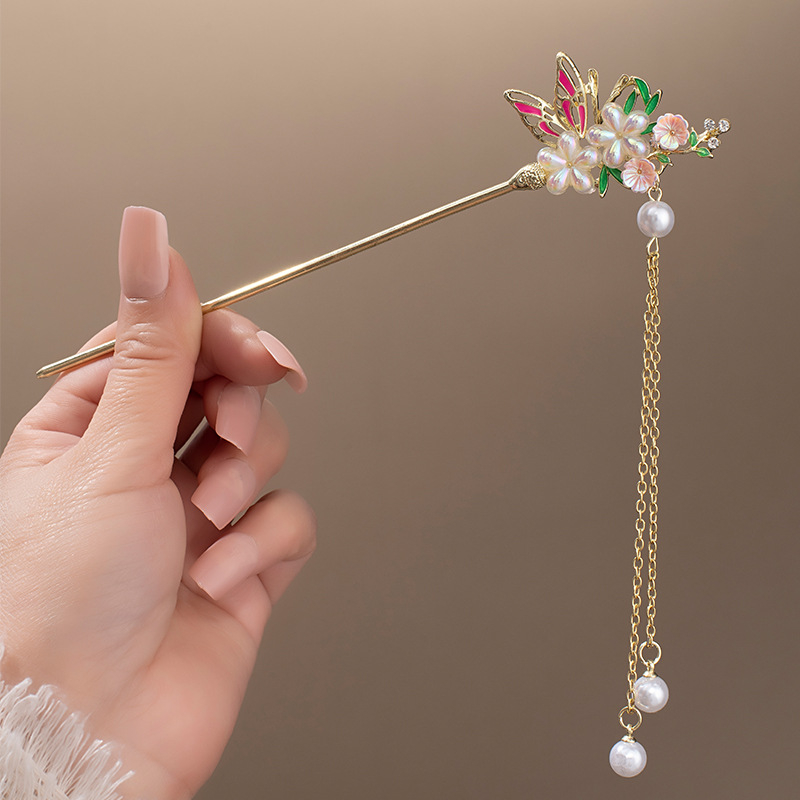 Clamă de păr din aliaj cu floare magnolie și ciucuri, stil nou chinezesc, finisaj electroplatat, personalizare disponibilă