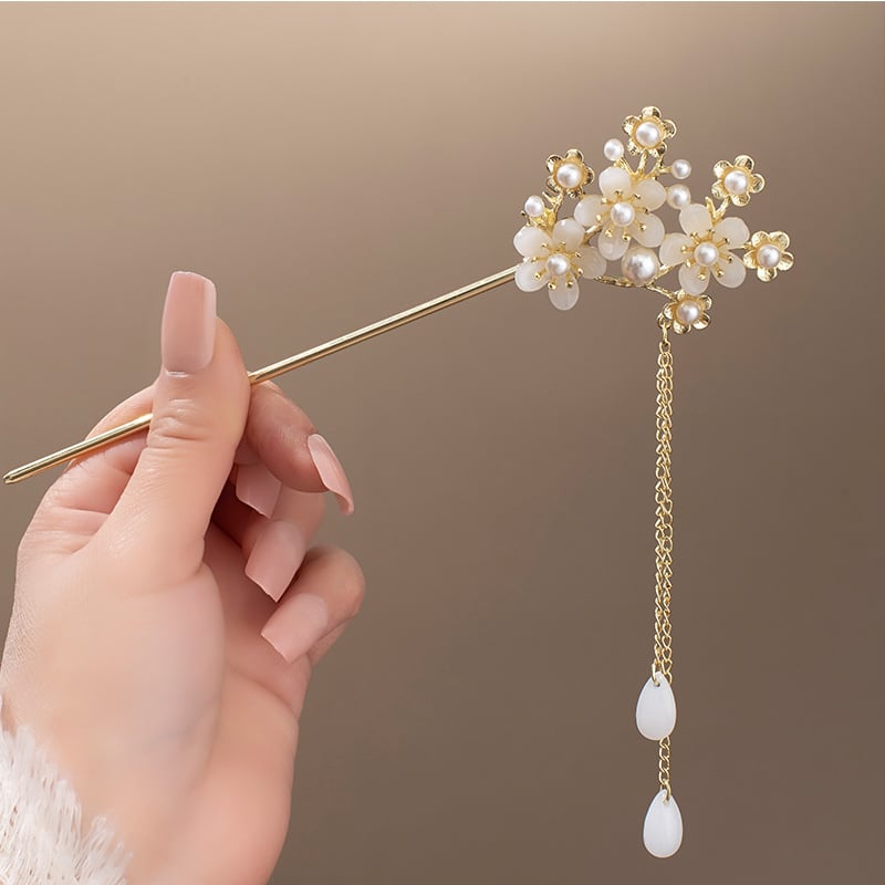 Clamă de păr din aliaj cu floare magnolie și ciucuri, stil nou chinezesc, finisaj electroplatat, personalizare disponibilă