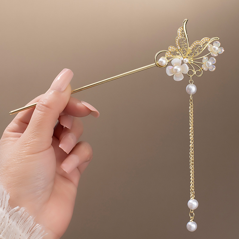 Clamă de păr din aliaj cu floare magnolie și ciucuri, stil nou chinezesc, finisaj electroplatat, personalizare disponibilă