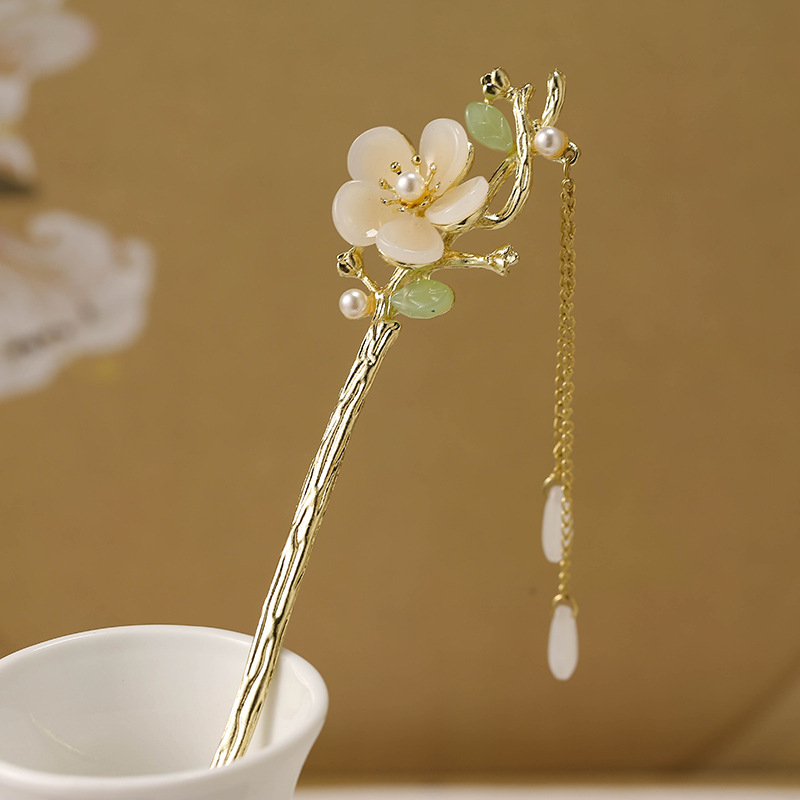 Clamă de păr din aliaj cu floare magnolie și ciucuri, stil nou chinezesc, finisaj electroplatat, personalizare disponibilă