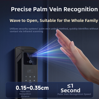 Умна брава за врата с пръстов отпечатък, палмови вени и лицево разпознаване, видео домофон и парола — 100 отпечатъка; >10 000 отключвания; <0,5 с сканиране; вероятност за фалшиви опити <0,001%; работна температура -20°C…85°C