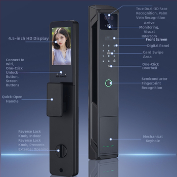 Умна брава за врата с пръстов отпечатък, палмови вени и лицево разпознаване, видео домофон и парола — 100 отпечатъка; >10 000 отключвания; <0,5 с сканиране; вероятност за фалшиви опити <0,001%; работна температура -20°C…85°C