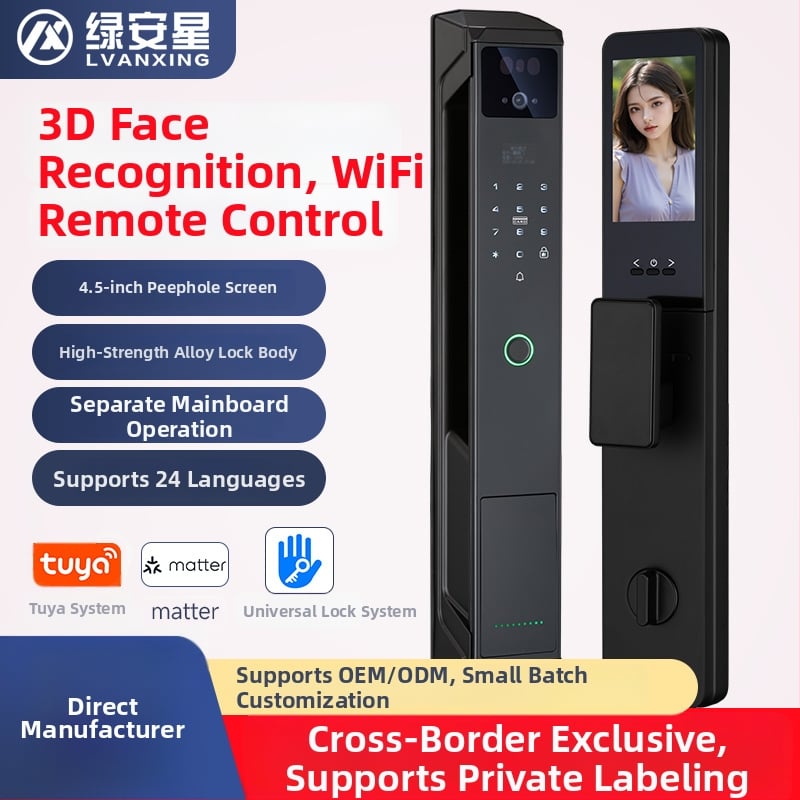 Умна брава за врата с пръстов отпечатък, палмови вени и лицево разпознаване, видео домофон и парола — 100 отпечатъка; >10 000 отключвания; <0,5 с сканиране; вероятност за фалшиви опити <0,001%; работна температура -20°C…85°C