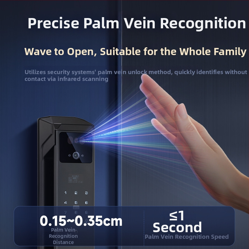 Умна брава за врата с пръстов отпечатък, палмови вени и лицево разпознаване, видео домофон и парола — 100 отпечатъка; >10 000 отключвания; <0,5 с сканиране; вероятност за фалшиви опити <0,001%; работна температура -20°C…85°C