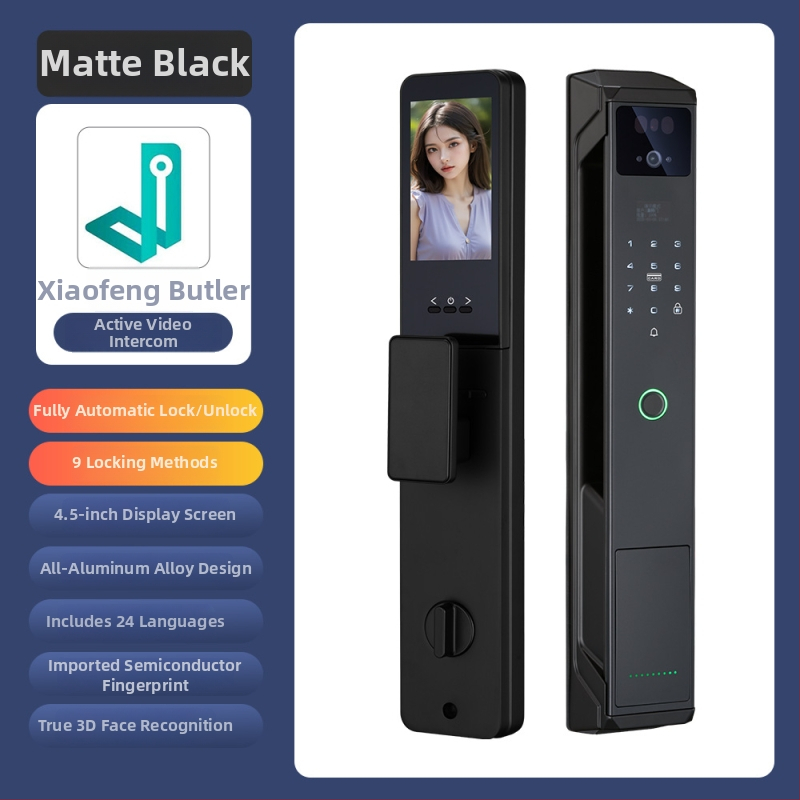 Умна брава за врата с пръстов отпечатък, палмови вени и лицево разпознаване, видео домофон и парола — 100 отпечатъка; >10 000 отключвания; <0,5 с сканиране; вероятност за фалшиви опити <0,001%; работна температура -20°C…85°C