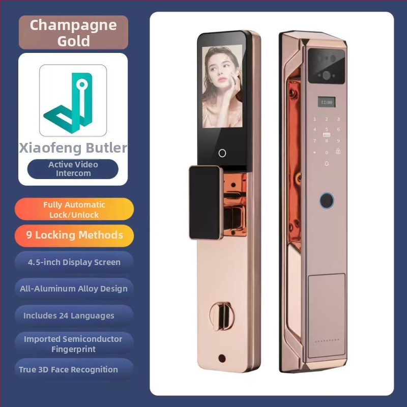 Умна брава за врата с пръстов отпечатък, палмови вени и лицево разпознаване, видео домофон и парола — 100 отпечатъка; >10 000 отключвания; <0,5 с сканиране; вероятност за фалшиви опити <0,001%; работна температура -20°C…85°C