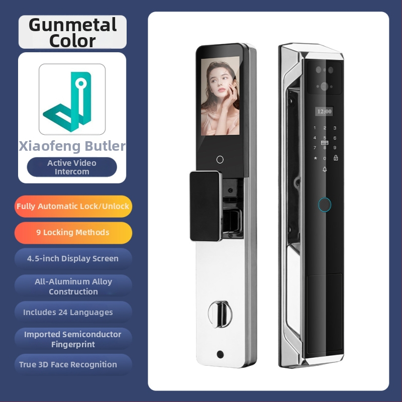 Умна брава за врата с пръстов отпечатък, палмови вени и лицево разпознаване, видео домофон и парола — 100 отпечатъка; >10 000 отключвания; <0,5 с сканиране; вероятност за фалшиви опити <0,001%; работна температура -20°C…85°C