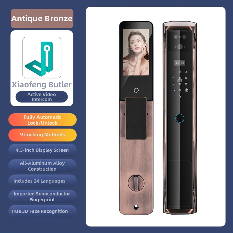 Умна брава за врата с пръстов отпечатък, палмови вени и лицево разпознаване, видео домофон и парола — 100 отпечатъка; >10 000 отключвания; <0,5 с сканиране; вероятност за фалшиви опити <0,001%; работна температура -20°C…85°C