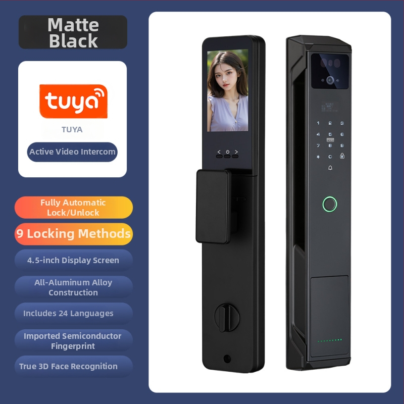 Умна брава за врата с пръстов отпечатък, палмови вени и лицево разпознаване, видео домофон и парола — 100 отпечатъка; >10 000 отключвания; <0,5 с сканиране; вероятност за фалшиви опити <0,001%; работна температура -20°C…85°C