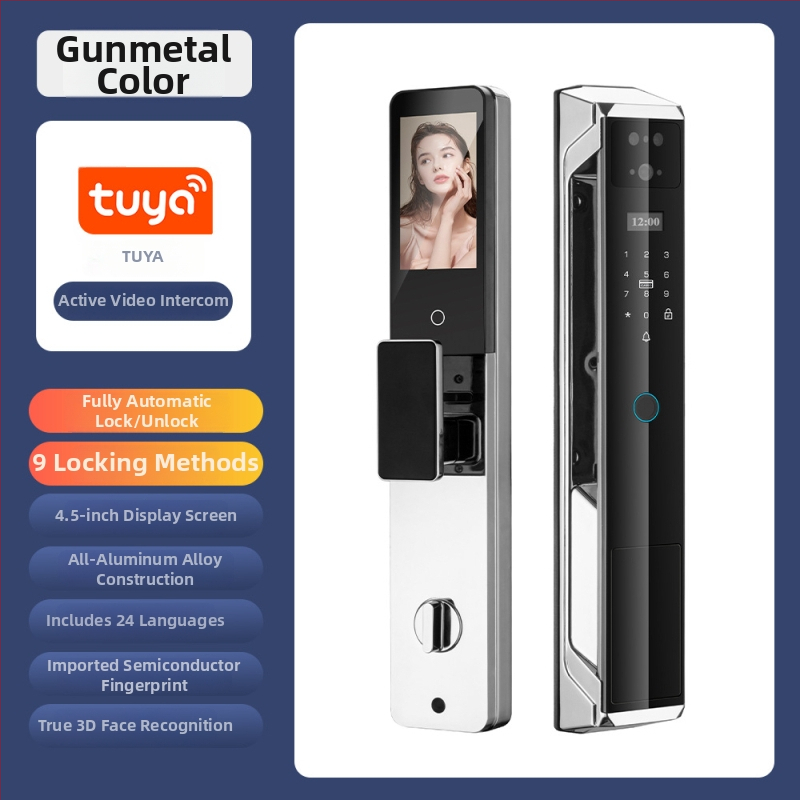 Умна брава за врата с пръстов отпечатък, палмови вени и лицево разпознаване, видео домофон и парола — 100 отпечатъка; >10 000 отключвания; <0,5 с сканиране; вероятност за фалшиви опити <0,001%; работна температура -20°C…85°C