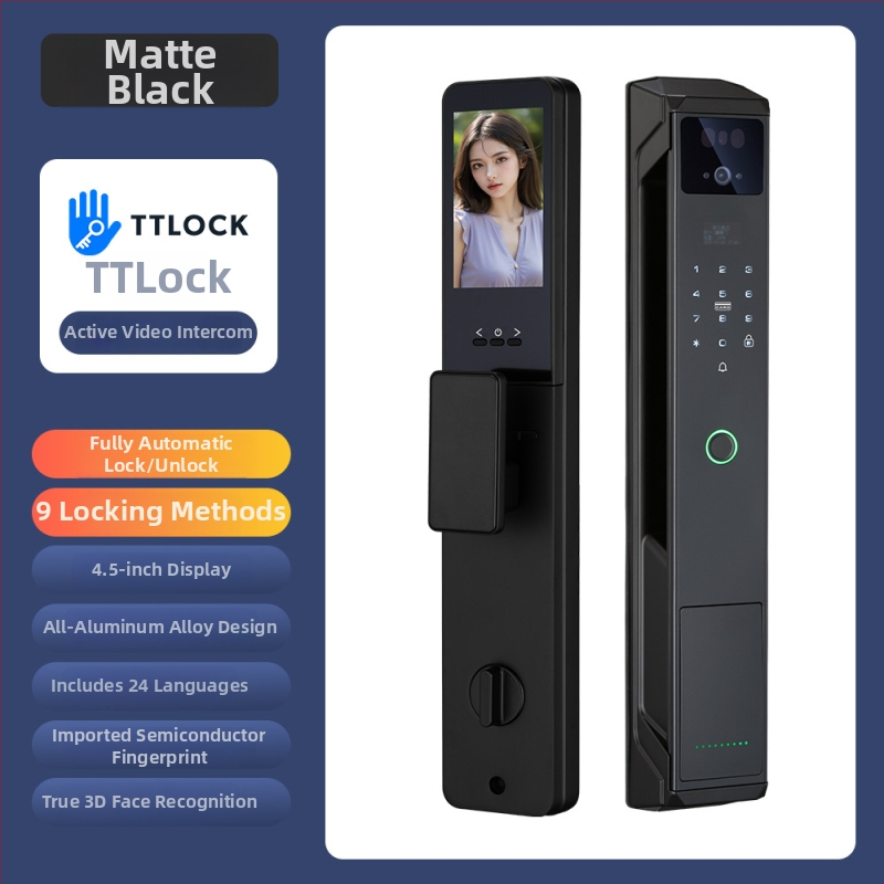 Умна брава за врата с пръстов отпечатък, палмови вени и лицево разпознаване, видео домофон и парола — 100 отпечатъка; >10 000 отключвания; <0,5 с сканиране; вероятност за фалшиви опити <0,001%; работна температура -20°C…85°C