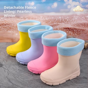 Cizme de ploaie din PVC pentru copii, unisex, înălțime joasă, talpă plată, căptușite cu fleece, patru sezoane, 4–16 ani