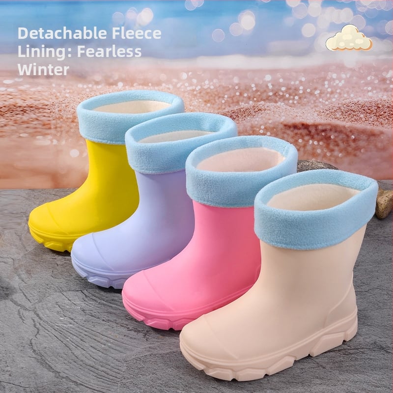 Cizme de ploaie din PVC pentru copii, unisex, înălțime joasă, talpă plată, căptușite cu fleece, patru sezoane, 4–16 ani