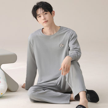 Ανδρικό σετ πιτζάμες από 100% βαμβάκι: πουλόβερ με στρογυλό λαιμό και μακριά μανίκια συν παντελόνια – Μεσαίου βάρους 161–180 g/m², διαπνέον, ελαστικό, κατάλληλο για οικιακή και εξωτερική χρήση