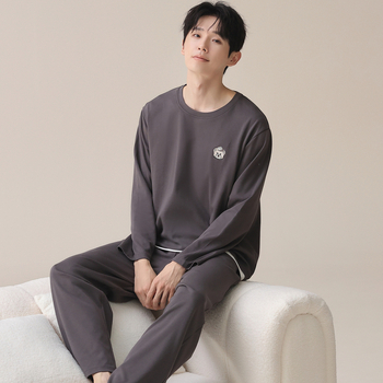 Ανδρικό σετ πιτζάμες από 100% βαμβάκι: πουλόβερ με στρογυλό λαιμό και μακριά μανίκια συν παντελόνια – Μεσαίου βάρους 161–180 g/m², διαπνέον, ελαστικό, κατάλληλο για οικιακή και εξωτερική χρήση