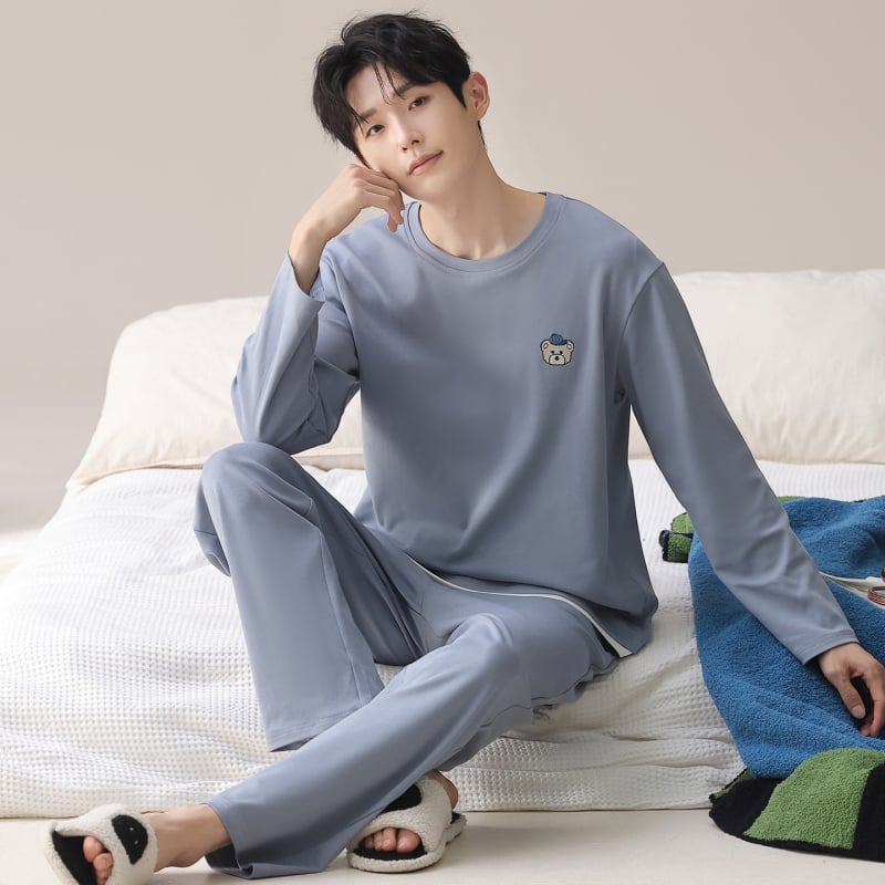 Ανδρικό σετ πιτζάμες από 100% βαμβάκι: πουλόβερ με στρογυλό λαιμό και μακριά μανίκια συν παντελόνια – Μεσαίου βάρους 161–180 g/m², διαπνέον, ελαστικό, κατάλληλο για οικιακή και εξωτερική χρήση