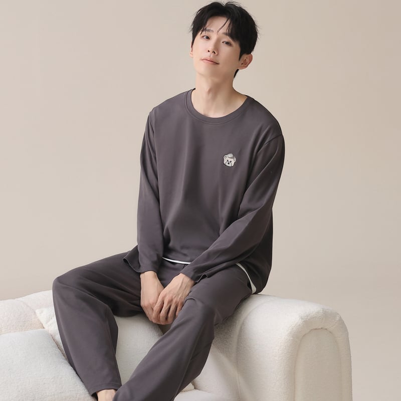 Ανδρικό σετ πιτζάμες από 100% βαμβάκι: πουλόβερ με στρογυλό λαιμό και μακριά μανίκια συν παντελόνια – Μεσαίου βάρους 161–180 g/m², διαπνέον, ελαστικό, κατάλληλο για οικιακή και εξωτερική χρήση