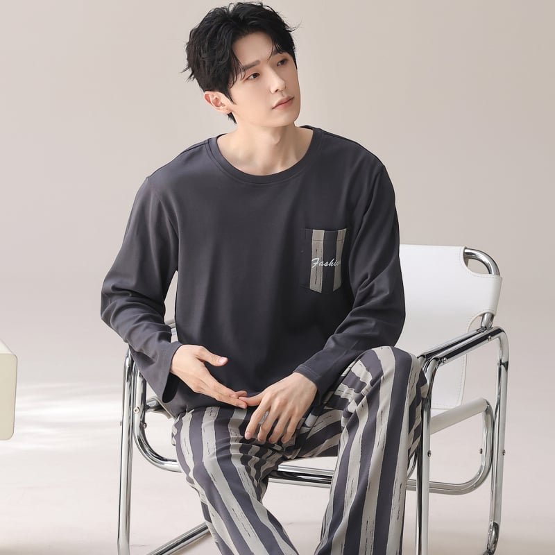 Ανδρικό σετ πιτζάμες από 100% βαμβάκι: πουλόβερ με στρογυλό λαιμό και μακριά μανίκια συν παντελόνια – Μεσαίου βάρους 161–180 g/m², διαπνέον, ελαστικό, κατάλληλο για οικιακή και εξωτερική χρήση