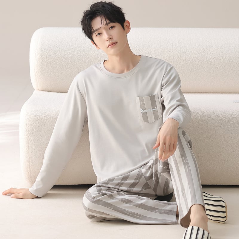 Ανδρικό σετ πιτζάμες από 100% βαμβάκι: πουλόβερ με στρογυλό λαιμό και μακριά μανίκια συν παντελόνια – Μεσαίου βάρους 161–180 g/m², διαπνέον, ελαστικό, κατάλληλο για οικιακή και εξωτερική χρήση