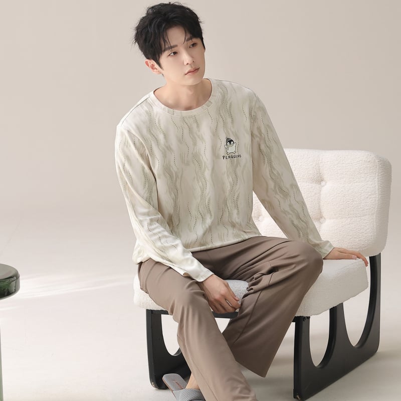 Ανδρικό σετ πιτζάμες από 100% βαμβάκι: πουλόβερ με στρογυλό λαιμό και μακριά μανίκια συν παντελόνια – Μεσαίου βάρους 161–180 g/m², διαπνέον, ελαστικό, κατάλληλο για οικιακή και εξωτερική χρήση