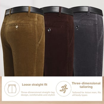 Ανδρικά παντελόνια corduroy, tapered γραμμή, με επένδυση φλίς, παχιά υφή, υψηλή μέση (για μεσήλικες άνδρες)