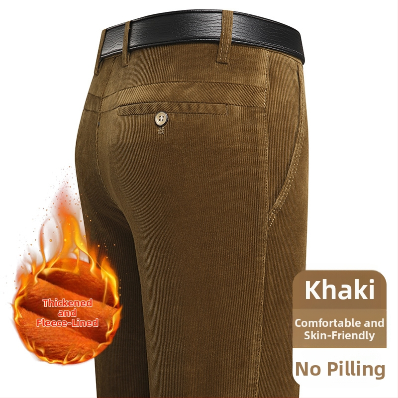 Ανδρικά παντελόνια corduroy, tapered γραμμή, με επένδυση φλίς, παχιά υφή, υψηλή μέση (για μεσήλικες άνδρες)