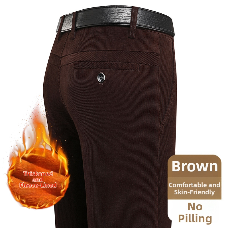 Ανδρικά παντελόνια corduroy, tapered γραμμή, με επένδυση φλίς, παχιά υφή, υψηλή μέση (για μεσήλικες άνδρες)