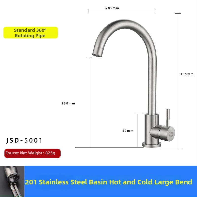 Kuchynský drezový kohútik, 304 nehrdzavejúca oceľ, miešanie horúcej a studenej vody, keramický diskový ventil, model XMS-5001, 0-90°C
