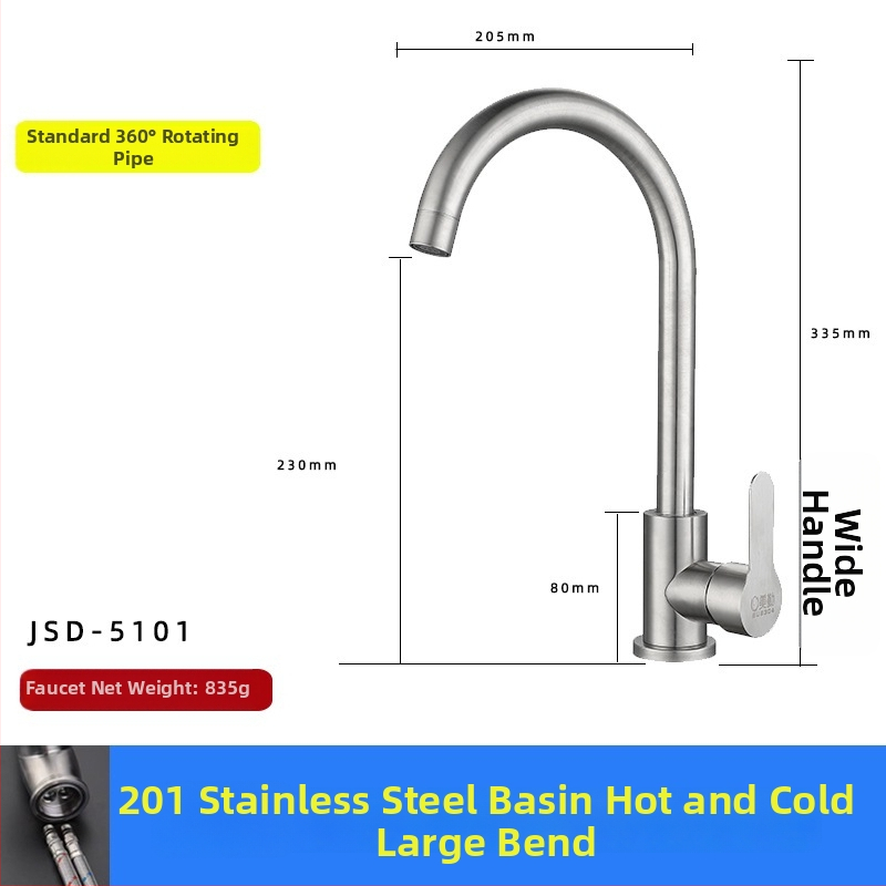 Kuchynský drezový kohútik, 304 nehrdzavejúca oceľ, miešanie horúcej a studenej vody, keramický diskový ventil, model XMS-5001, 0-90°C