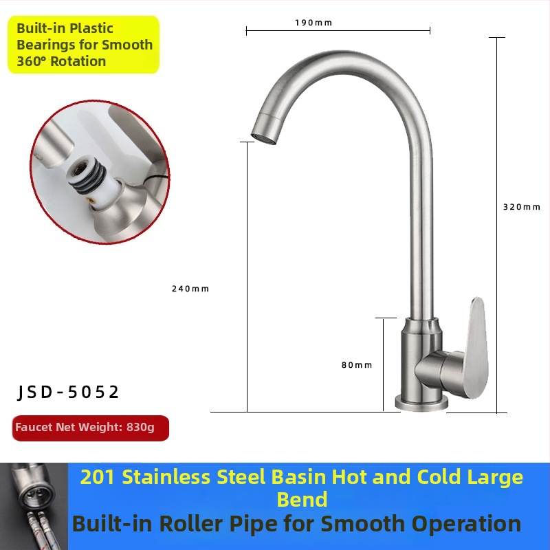 Kuchynský drezový kohútik, 304 nehrdzavejúca oceľ, miešanie horúcej a studenej vody, keramický diskový ventil, model XMS-5001, 0-90°C
