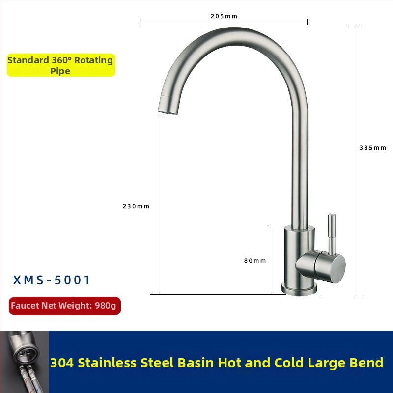 Kuchynský drezový kohútik, 304 nehrdzavejúca oceľ, miešanie horúcej a studenej vody, keramický diskový ventil, model XMS-5001, 0-90°C