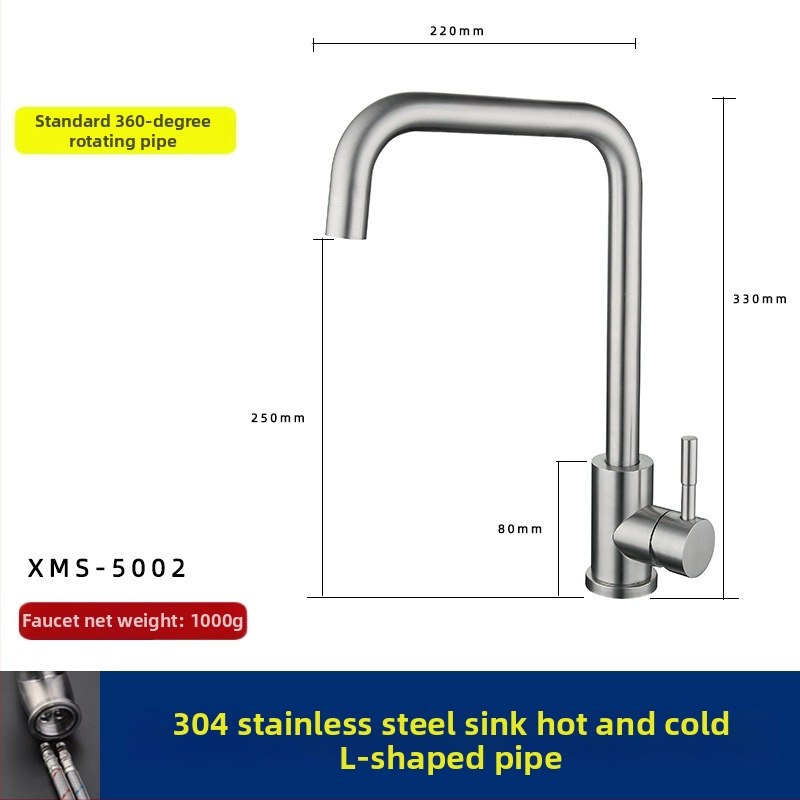 Kuchynský drezový kohútik, 304 nehrdzavejúca oceľ, miešanie horúcej a studenej vody, keramický diskový ventil, model XMS-5001, 0-90°C