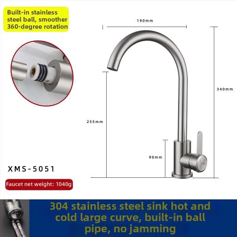 Kuchynský drezový kohútik, 304 nehrdzavejúca oceľ, miešanie horúcej a studenej vody, keramický diskový ventil, model XMS-5001, 0-90°C