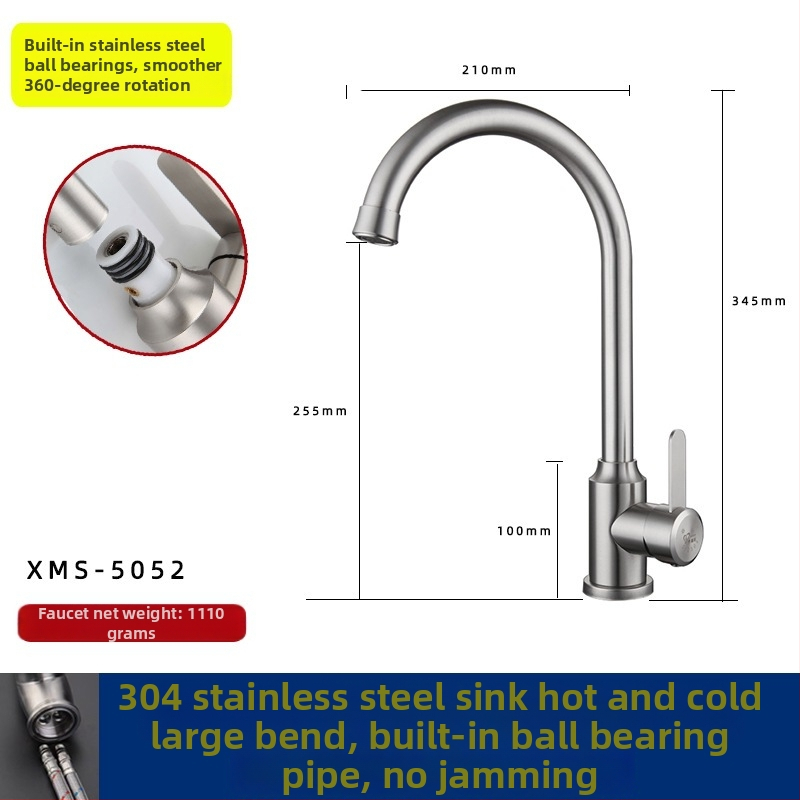 Kuchynský drezový kohútik, 304 nehrdzavejúca oceľ, miešanie horúcej a studenej vody, keramický diskový ventil, model XMS-5001, 0-90°C