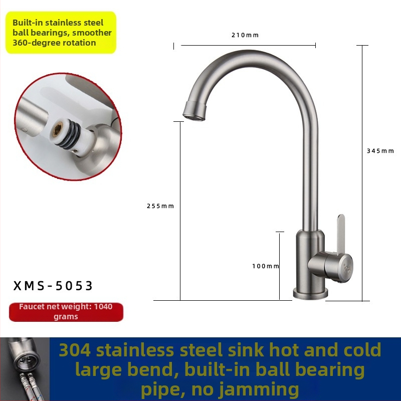 Kuchynský drezový kohútik, 304 nehrdzavejúca oceľ, miešanie horúcej a studenej vody, keramický diskový ventil, model XMS-5001, 0-90°C