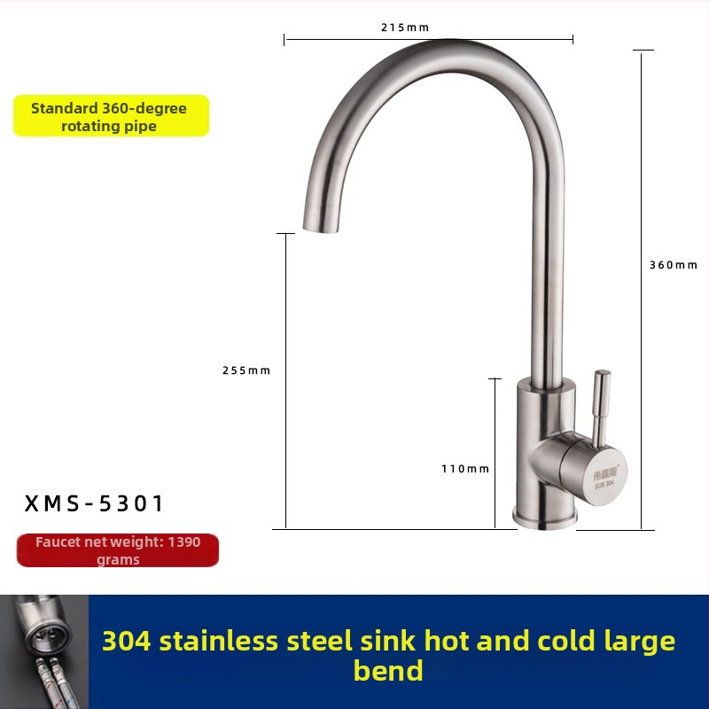 Kuchynský drezový kohútik, 304 nehrdzavejúca oceľ, miešanie horúcej a studenej vody, keramický diskový ventil, model XMS-5001, 0-90°C