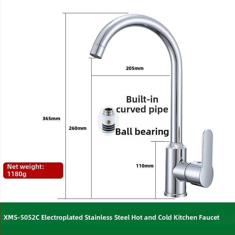 Kuchynský drezový kohútik, 304 nehrdzavejúca oceľ, miešanie horúcej a studenej vody, keramický diskový ventil, model XMS-5001, 0-90°C