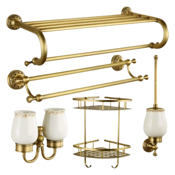 Bakreni držač za ručnike u kupaonici, europskog stila, brušeni završetak, montaža bez bušenja, komplet od šest dijelova ili više
