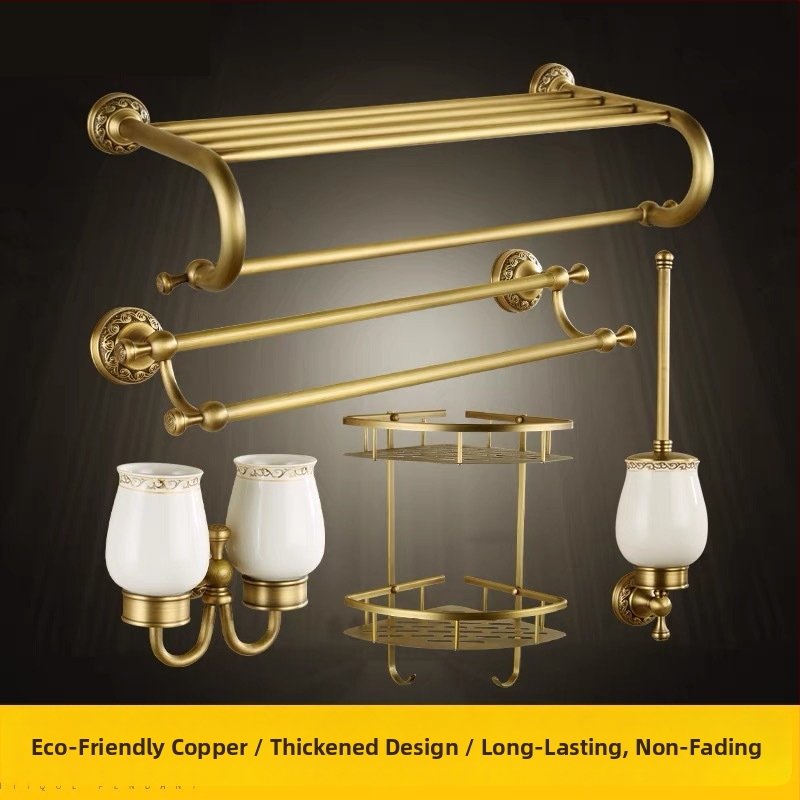 Bakreni držač za ručnike u kupaonici, europskog stila, brušeni završetak, montaža bez bušenja, komplet od šest dijelova ili više